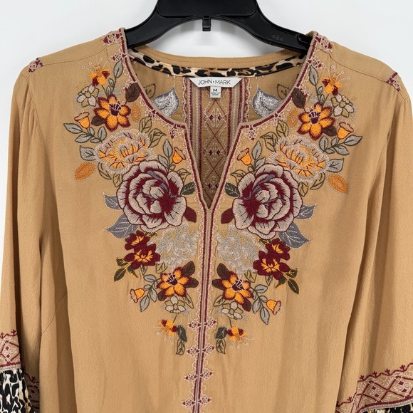 John Mark long sleeve floral embroidered blouse tiered leopard print cuffs Med - Picture 2 of 9